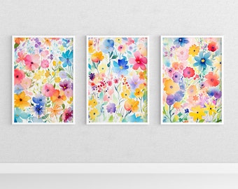 Set Of 3 Watercolor Wildflowers | Vibrant Blue & Sunset Orange | Perfect for Bright, Modern Spaces