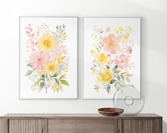 Kleurrijke heldere bloemenprints Wildflower-kunst, set van 2, digitale download, afdrukbare bloemenaquarel