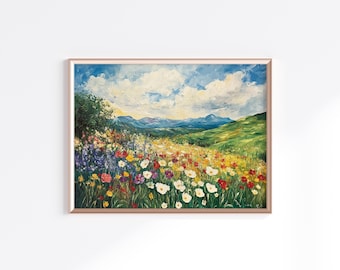 Meadow Flowers Oil Painting | Wildflower Field |  Botanical Poster Print | Digital PNG, Instant download