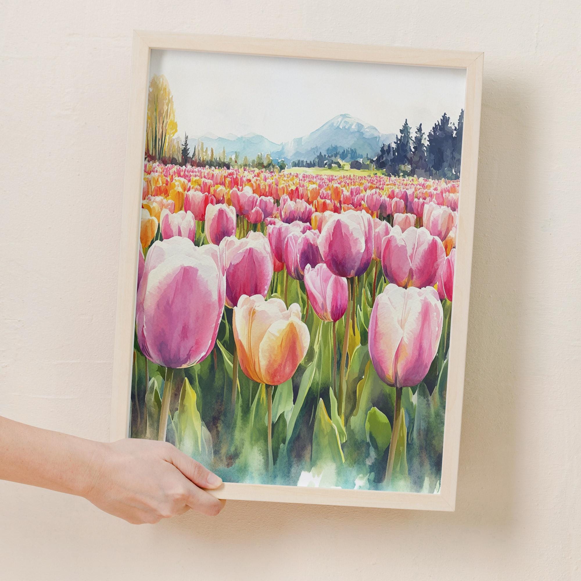 Pink Tulip Field Watercolor Art Print | Botanical Wall Decor (digital ...