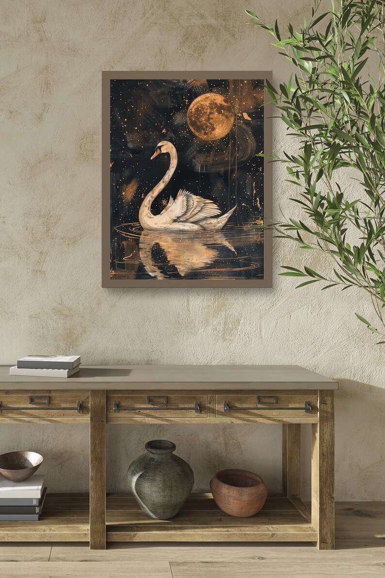 Elegant Swan Under Golden Moon Art Print | Celestial Night Sky Painting ...