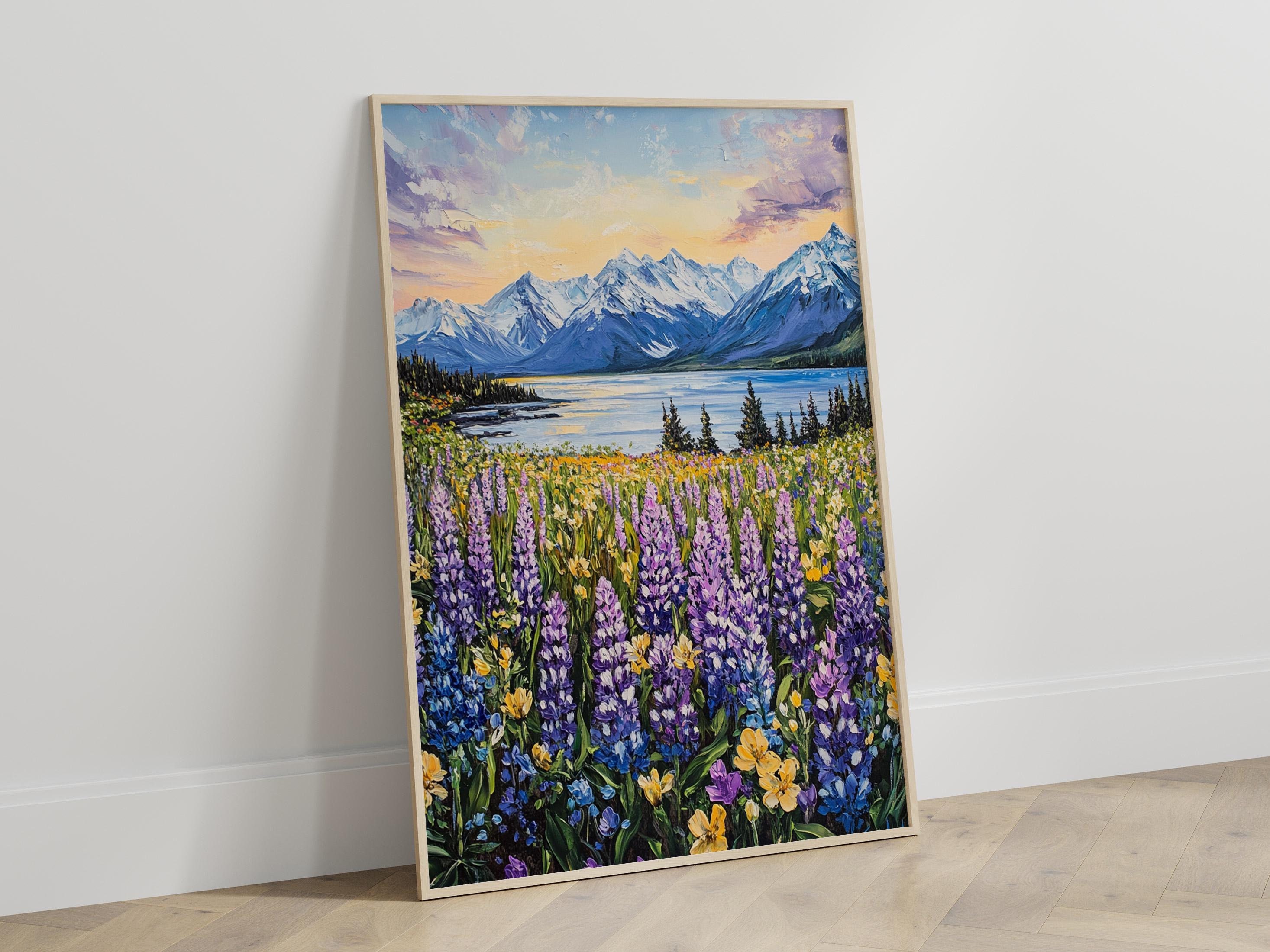 Alaska Mountains Sunset Wildflowers Painting | Handpainted Wild Landscape | Vibrant Wildflower Wall Art