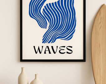 Impressão artística abstrata Ondas Azuis – Decoração costeira moderna (Download digital)
