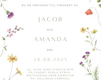 Vacker e blommig bröllopsinbjudan. Perfeito para um sommarbröllop.