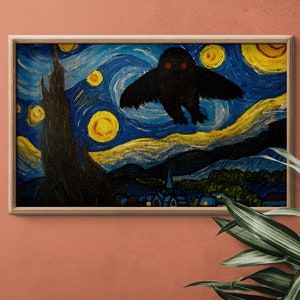 Mothman Meets Starry Night Digital Print - Van Gogh Inspired Artwork - Instant Download Wall Art