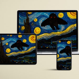 Mothman trifft Sternennacht Digital Bundle - Van Gogh inspiriertes Kunstwerk - Wallpapers für Handys & Desktops
