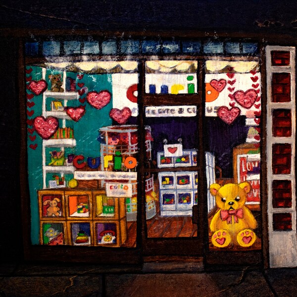 Toy Store Night Scene Digital Print - Charming Downtown Painting - Local Gem & Nostalgic Memories - Instant Download Wall Art