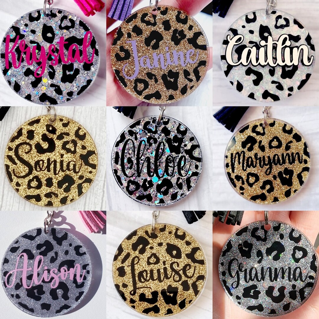 Personalised Glitter Leopard Print Acrylic Resin Keyrings, Custom ...