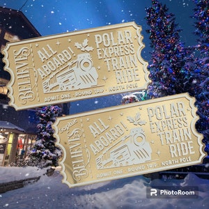 Polar Express Gold Mirror Acrylic Ticket, Train Ride, All Aboard, Children's Christmas Gift, Golden Ticket, Personalised Event Tickets