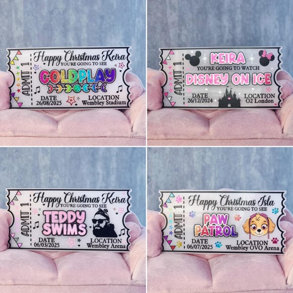 Billets personnalisés en acrylique - Billets de concert, Billets pour un événement, Cadeau d'anniversaire, Leçons de conduite, Annonce de vacances, Noël, Anniversaire