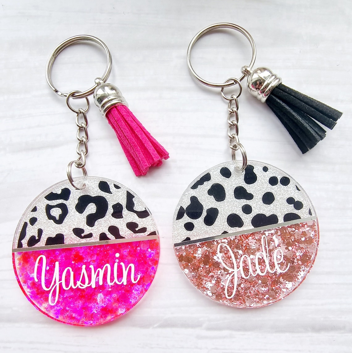Print Key Rings Personalised Split Glitter Animal Print Resin Sealed Keyrings ...