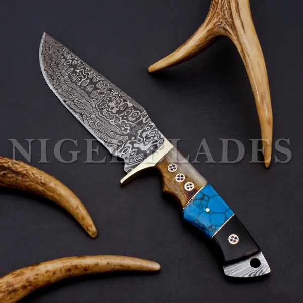 Handmade Damascus Hunting Knife, Damascus Fixed Blade, Skinner Gut Hook Knife, Viking Knife,  Knife, Ram Horn, Turquoise Handle, Best Gift