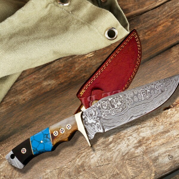 Damascus Steel Hunting Knife, Handmade Skinner Gut Hook, Viking Style, Ram Horn and Turquoise Handle, Gift for Dad, Valentine's day Gift