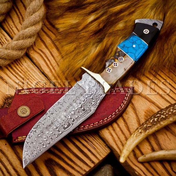 Handmade Damascus Skinner Gut Hook, Steel Hunting Knife,, Ram Horn and Turquoise Handle, Gift for Dad, Valentine's day Gift, Best Gift