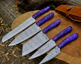 Handmade Damascus Chef Knife Set Of 5 Pcs With Blue Resin Sheet Handle Father's Day Gift Groomsmen Gift Kitchen Knife BBQ Gift For Husband