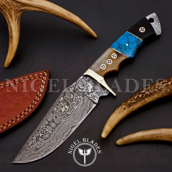 Handmade Damascus Hunting Knife, Fixed Blade, Skinner Gut Hook Knife, Viking Knife, Knife, Ram Horn, Turquoise Handle, Best Gift For Him
