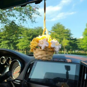 Crochet Flower Car Hanging Basket - Car Accessories for Women and Teens! Rear View Mirror Charm, Hanging Plant Decor, Perfect Gift for Her