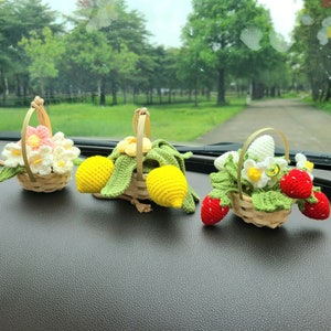 Crochet Mini Flowers Basket, Knitted Fruit Plants, Car Dashboard Decor, Handmade flowers, Car accessories for women, Bobblehead gifts