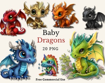 Cute Baby Dragon Clipart, Fantasy Art PNG (Digital Download)