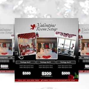 May include: A flyer advertising Valentine's Day room setup services. The flyer features three photos of decorated rooms with red balloons, rose petals, and "I love you" signs. The text on the flyer reads "Valentine Room Setup" and includes package deals with prices.