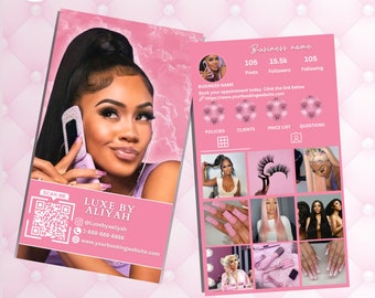 Cartes de visite Instagram girly roses avec code QR, Coiffeur, Maquilleur, Lash tech, Nail tech, Modifiable sur Canva, Cartes de visite beauté