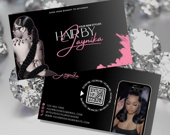 Cartes de visite noires et roses, modifiables sur Canva, Coiffeur, Salon de coiffure, Perruque, Braider, QR code, Modèle Girly