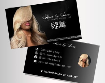 Cartes de visite DIY prêtes à l'emploi pour coiffeur, modèles noirs modifiables sur Canva, code QR, salon de coiffure