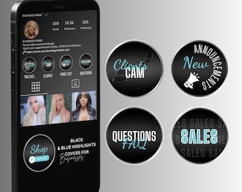 Könnte beinhalten: Zwölf schwarze und blaue Instagram-Highlight-Cover für Unternehmen. Die Cover zeigen Text wie "Clients Cam", "Neue Ankündigungen", "Fragen FAQ", "Verkäufe" und "Shop".