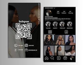 DIY cartes de visite Instagram pour coiffeurs, code QR, informations de contact, cartes modifiables, design noir et blanc