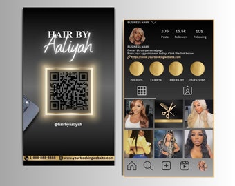 DIY Instagram QR code cartes de visite pour coiffeurs, cartes de salon de coiffure, modifiables, design glamour de luxe noir et or