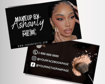 DIY-Maskenbildner-Visitenkarten mit QR-Code, bearbeitbares schwarzes und braunes Luxusdesign, Make-up-Kontakt, Bürsten, Beauty-Karte