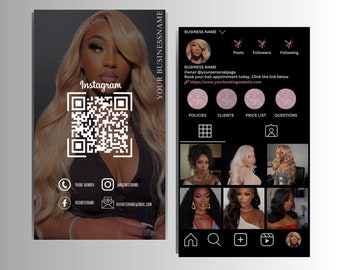 DIY Instagram QR code cartes de visite pour coiffeurs, Cartes de salon de coiffure, Modifiables, Design noir girly de luxe