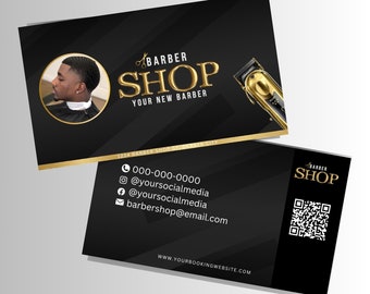 DIY Premade business cards for barbers, Black and Gold editable template design, Barber shop, Hairstylist, With QR code