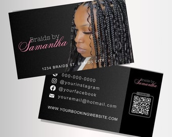 DIY premade Hair braider business cards, Black and pink editable template on Canva, Hair salon, Knotless braids, QR code