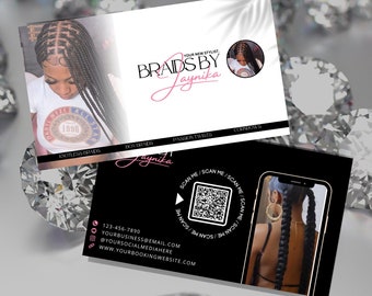 Cartes de visite DIY Braider, modifiables sur toile, graphisme blanc et rose, code QR, tresses, tresses en boîte, tresses sans nœuds, coiffeur