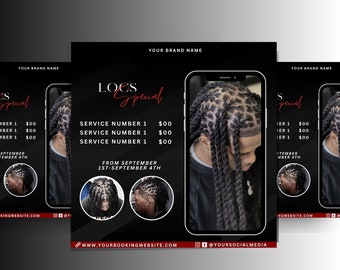 Locs and Styles flyer, Barbershop, Loc Retwist, Editable on canva, Hairstylist, dreadlocks, Retwist, Loctician, Locs special, Red, Book now