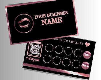 Cartes de fidélité DIY pour Lash tech, Rose, Noir, Code QR Instagram, Extensions de cils, Cartes de visite