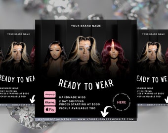 DIY Klaar om pruikflyer te dragen voor bedrijven, Social media post, Bewerkbaar op Canva, Zwart en Goud ontwerp, Haarstylist, Pruikenverkoper, Instagram