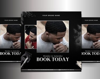 Könnte beinhalten: Schwarz-weißer Flyer mit einem Foto eines Mannes mit einer Frisur. Der Flyer enthält den Text "YOUR BRAND NAME", "Monday to Saturday", "BOOK TODAY", "WWW.YOURBOOKINGWEBSITE.COM" und "@YOURSOCIALMEDIA".
