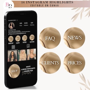 May include: A mockup of a phone screen showing Instagram highlights with white text on a beige background. The highlights are titled "FAQ", "NEWS", "CLIENTS", and "PRICES".