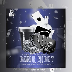 Folleto de noche de juegos DIY para amigos y familiares, editable en Canva, invitación a una fiesta, publicación en redes sociales, plantilla para eventos en blanco y negro