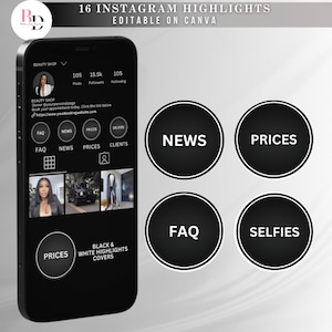 Pode incluir: Uma tela de telefone preto e branco exibindo destaques do Instagram com o texto "BEAUTY SHOP" e "BLACK & WHITE HIGHLIGHTS COVERS". Os destaques são rotulados como "FAQ", "NEWS", "PRICES", "CLIENTS" e "SELFIES".