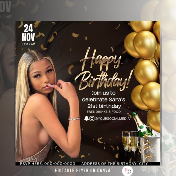 DIY Black and Gold birthday invitation flyer, Editable on Canva, Glam birthday e-flyer for women, Party invite, Birthday girl