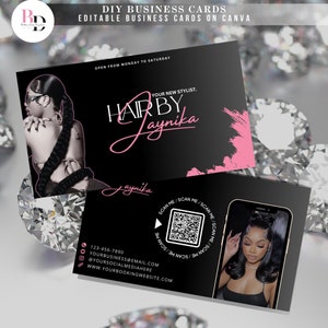 Cartes de visite noir et rose, modifiables sur toile, coiffeur, salon de coiffure, perruque, tresse, code QR, modèle girly