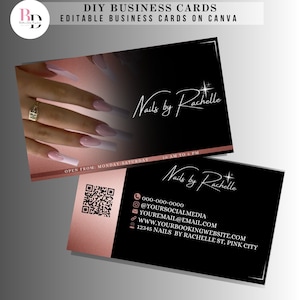 Biglietti da visita fai-da-te per manicure con codice QR, modello oro rosa e nero, Nail tech, Girly, Bling