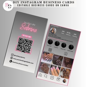 DIY Instagram business cards with QR code for nail salon, Nail tech, Glam, Silver and pink editable design