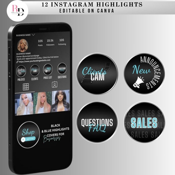 Black and blue Instagram highlight covers, Business covers, Editable templates, Instagram icons
