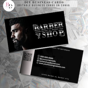 Cartes de visite de salon de coiffure préfabriquées DIY, modèles modifiables noirs sur Canva, code QR, salon de coiffure, coupe de cheveux pour hommes