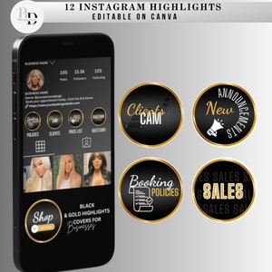 May include: Twelve black and gold Instagram highlight covers with text including "Clients Cam", "New Announcements", "Booking Policies", and "Sales".