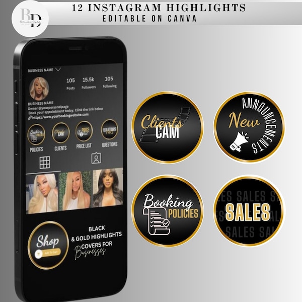 Black and Gold Instagram highlight covers for businesses, Luxury editable designs on Canva, Instagram icons templates, Story highlights